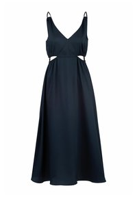 Maxikleid aus dunkelblauem Stoff mit verstellbaren Spaghettiträgern, V-Ausschnitt und seitlichen Ausschnitten. Glatte Textur und fließende Silhouette.