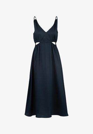 Maxikleid aus dunkelblauem Stoff mit verstellbaren Spaghettiträgern, V-Ausschnitt und seitlichen Ausschnitten. Glatte Textur und fließende Silhouette.