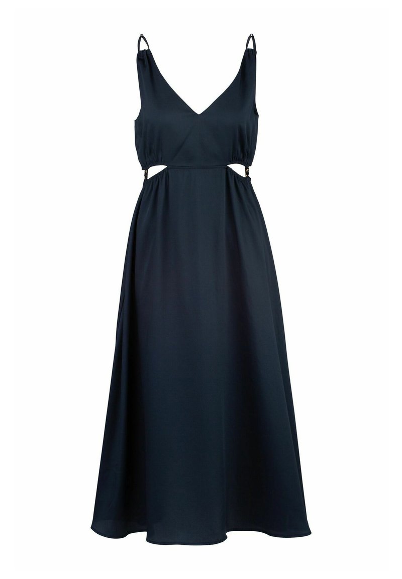 Maxikleid aus dunkelblauem Stoff mit verstellbaren Spaghettiträgern, V-Ausschnitt und seitlichen Ausschnitten. Glatte Textur und fließende Silhouette.