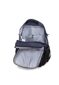 Zaino blu navy e nero con una cerniera. L'interno presenta un rivestimento grigio, diversi scomparti e una tracolla per fissare gli oggetti.