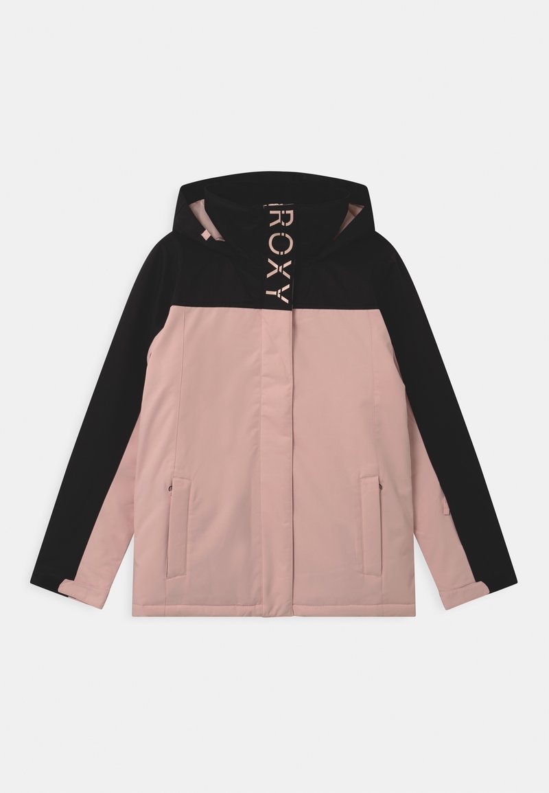 Veste à capuche rose et noire avec fermeture éclair à l'avant, deux poches latérales et logo Roxy dans le cou, au design moderne et à la texture lisse.