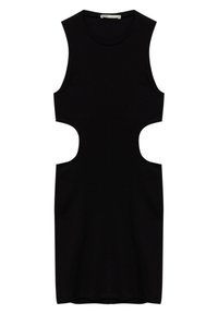 Robe noire sans manches avec des découpes sur les côtés, réalisée en tissu côtelé, dotée d'une silhouette ajustée et d'un ourlet à mi-genoux.