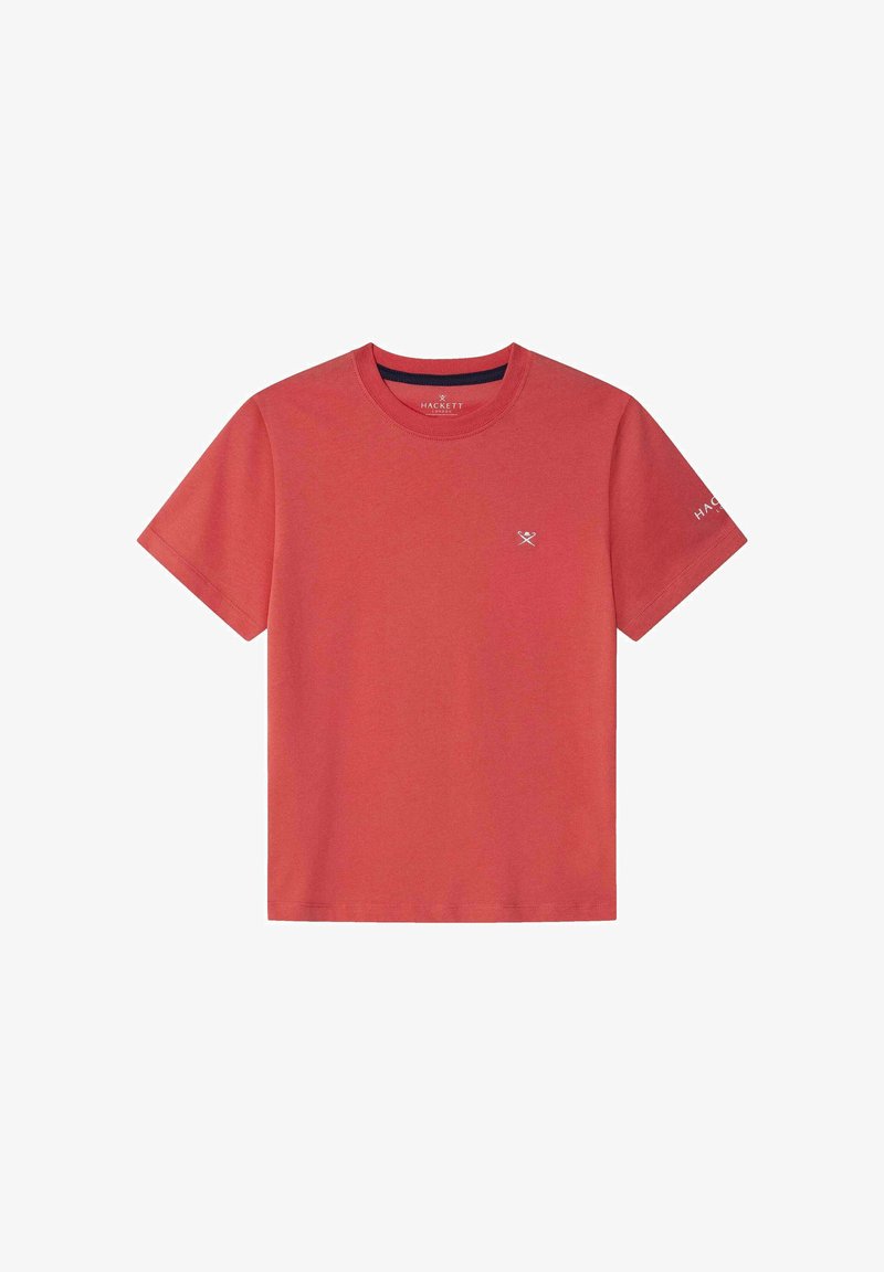 Červené bavlněné tričko s kulatým výstřihem, krátkými rukávy a malým bílým logem na hrudi a rukávu. Hladká textura, ležérní design.