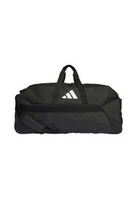 Black duffel bag made of durable fabric, featuring a front zip pocket, dual handles, and adjustable shoulder strap with a white logo.