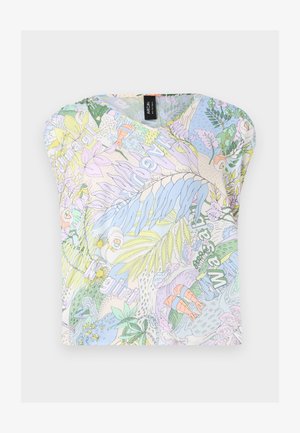 Lühikeste varrukatega V-kaelusega topp, millel on pastelsed mitmevärvilised botaanilised mustrid kergele kangale, erinevate lehtede ja mustritega.
