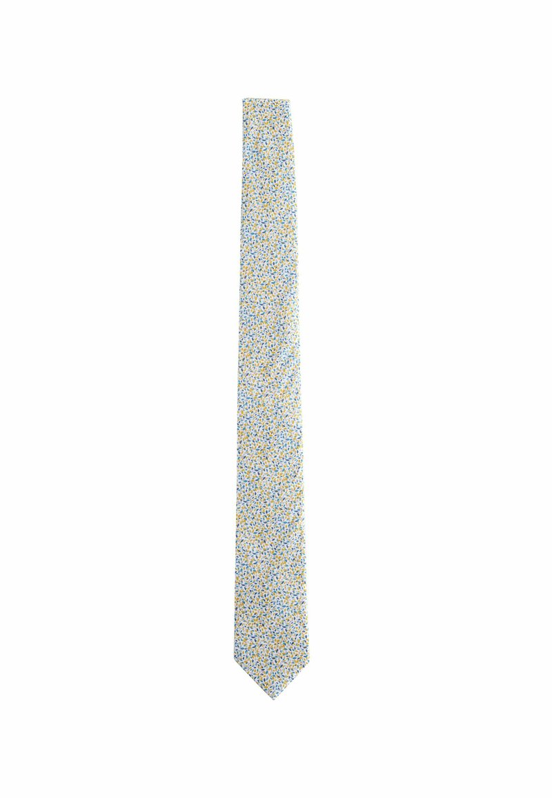Floral Krawatte mit hellblauem Hintergrund, verziert mit kleinen gelben und blauen Mustern. Schlanke Form und glatte Textur.