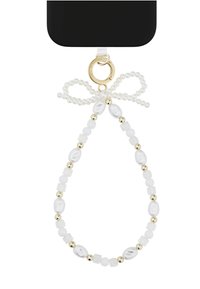 Ozdobny pasek do telefonu z białych i złotych koralików, złotym zapięciem oraz akcentem w formie kokardki z pereł. Gładka faktura z różnorodnym wzorem koralików.