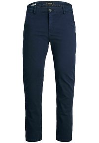 Pantaloni blu navy in cotone, con design classico, vestibilità dritta, chiusura a bottone e passanti per la cintura. Tessuto liscio, senza motivi.