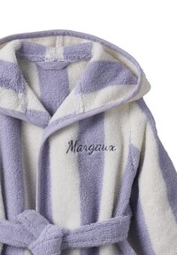 Purple and cream striped bathrobe made of terry cloth. Features a hood, belted waist, and embroidered name "Margaux" on the front.
