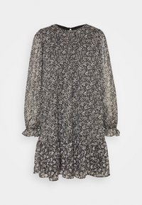Musta, puoliksi läpikuultava mekko paisley-kuviolla, liehuva helma, joustavat hihansuut ja pyöreä kaula-aukko. Rakennekangas, jossa on röyhelökoristeita.