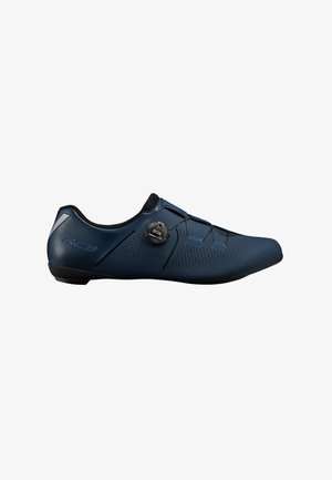 Chaussures de cyclisme bleu marine au design élégant, tige synthétique perforée, système de fermeture BOA et semelle profilée basse pour une performance optimale.