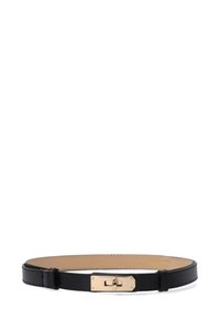 Black leather belt with a smooth texture, featuring a gold-tone metal buckle and simple rectangular design.