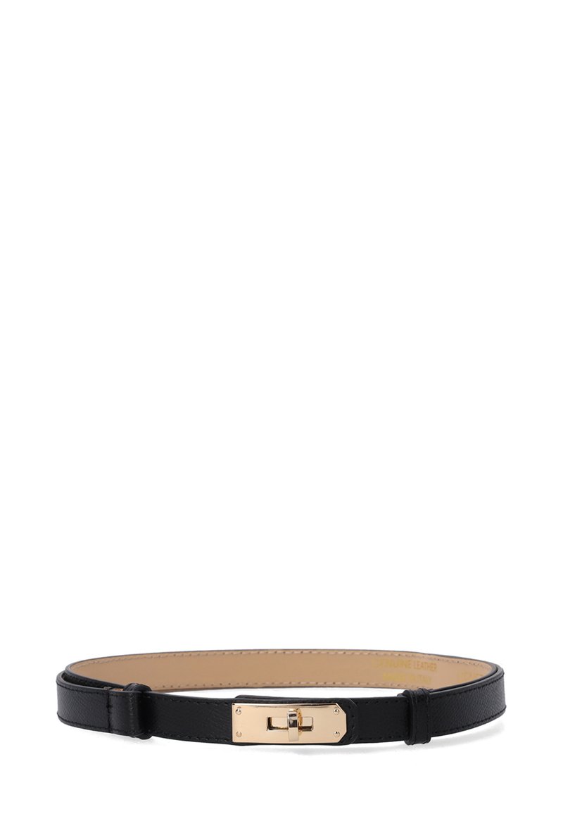 Black leather belt with a smooth texture, featuring a gold-tone metal buckle and simple rectangular design.