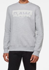Sudadera de algodón gris con puños y dobladillo acanalados, con un destacado logo blanco impreso "RAW." en el pecho.