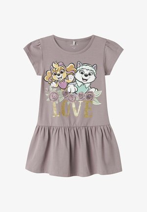 Gray short-sleeve dress featuring a frill skirt, cartoon dog and wolf graphics, and gold "LOVE" text with floral accents. Soft cotton material.