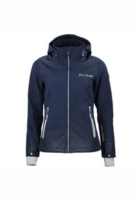 Chaqueta softshell azul marino con capucha, cremallera frontal completa, bolsillos laterales con cremallera, puños elásticos y logo "Peak Mountain" en el pecho.