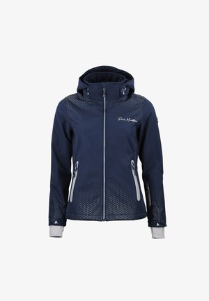 Marineblå softshelljakke med hætte, fuld frontlynlås, lynlåslommer på siderne, elastiske manchetter og "Peak Mountain" logo på brystet.