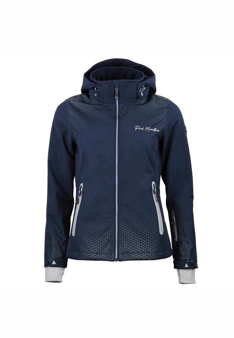 Chaqueta softshell azul marino con capucha, cremallera frontal completa, bolsillos laterales con cremallera, puños elásticos y logo "Peak Mountain" en el pecho.