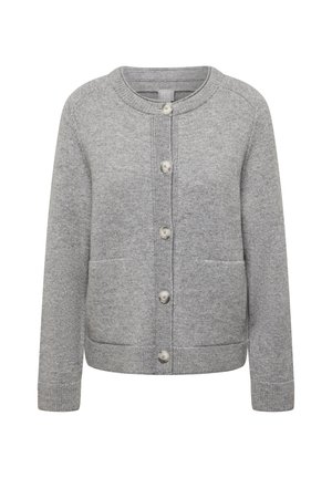 Gray knitted cardigan with long sleeves, round neckline, and a button-down front. Features two front pockets and ribbed cuffs.