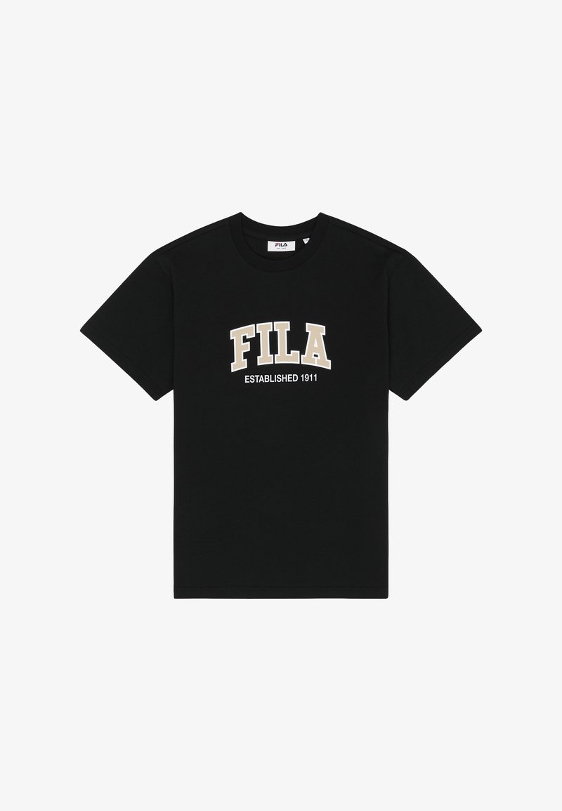 T-shirt noir à manches courtes avec logo FILA beige et blanc ainsi que le texte "Established 1911" centré sur le devant.