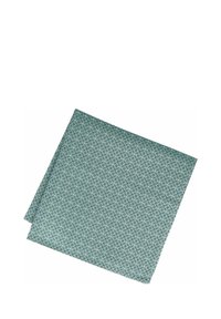 Grünes Stoffquadrat mit geometrischem Muster. Das Material wirkt glatt mit einer weichen Textur und ist diagonal gefaltet.