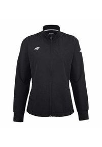Chaqueta deportiva negra de cremallera completa con cuello alto, mangas largas y dos bolsillos laterales con cremallera, que presenta pequeños logotipos de marca en blanco en el pecho y la manga.