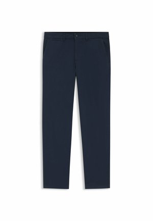 Pantaloni blu navy in tessuto morbido, con design aderente, tasche anteriori e chiusura con bottoni e passanti per cintura.