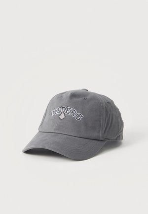 Casquette de baseball grise avec une visière incurvée présentant un texte brodé blanc "ICEBERG" et un petit motif iceberg sur le panneau avant.