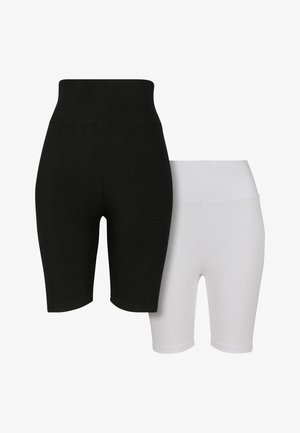Black and white high-waisted bicycle shorts, made of smooth fabric with a fitted design and mid-thigh length; no prominent patterns or hardware.