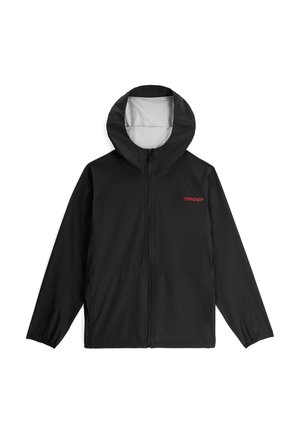 Schwarze Zip-Jacke mit Kapuze, ausgestattet mit einem strukturierten grauen Innenfutter, leichtem Material und einem kleinen roten Logo auf der Brust.