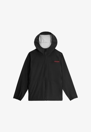 Schwarze Zip-Jacke mit Kapuze, ausgestattet mit einem strukturierten grauen Innenfutter, leichtem Material und einem kleinen roten Logo auf der Brust.