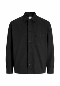 Black long-sleeve button-up shirt with collar and single chest pocket featuring a buttoned flap.