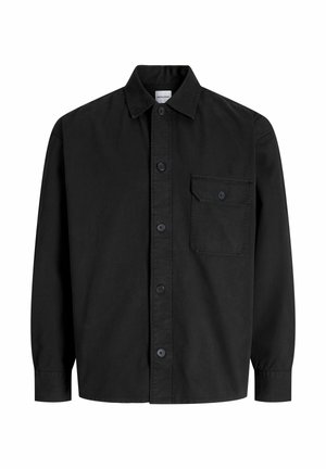 Black long-sleeve button-up shirt with collar and single chest pocket featuring a buttoned flap.