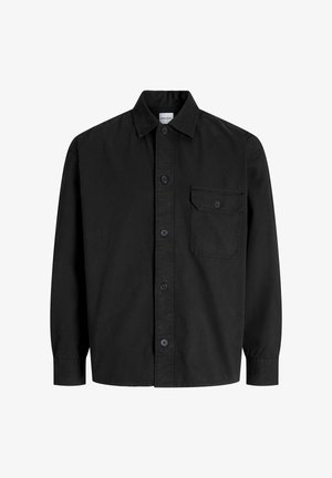 Chemise noire à manches longues, avec boutons, col et poche poitrine simple dotée d'un rabat à bouton.