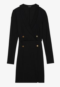 Vestido negro de manga larga con escote en V, dos botones dorados en la cintura y diseño cruzado. Hecho de tela suave y texturizada.