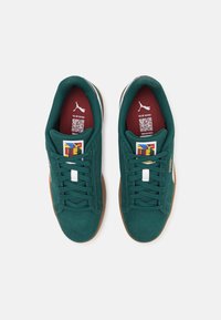 Sneaker in camoscio verde con suola in gomma naturale, lacci bianchi e un logo colorato sulla linguetta. Presentano un colletto imbottito e una soletta testurizzata.