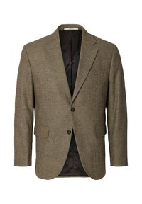 Brun hundetannmønstret blazer med to-knapps lukking, innsnitt på slagene og sidelommer. Glatt svart fôr synlig på innsiden.