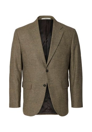 Rudas houndstooth švarkas su dviem sagomis, kampuotomis atlapėmis ir šoninėmis kišenėmis. Viduje matoma blizgi juoda pamušalas.