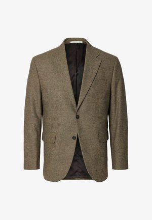 Blazer marrone scozzese con chiusura a due bottoni, rever con intaglio e tasche laterali. Fodera interna liscia nera visibile.