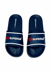 Infradito blu in gomma, con una bordatura bianca e il logo rosso Superga sulla fascia. Taglia 41 stampata all'interno.