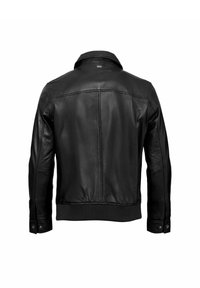 Zwarte leren jas met een gladde textuur, voorzien van een kraag, geribbelde manchetten en een getailleerd ontwerp, met minimale stikseldetails.