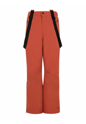 Water-resistant orange ski pants with black suspenders, a zippered pocket, wide legs, and reinforced stitching for durability.