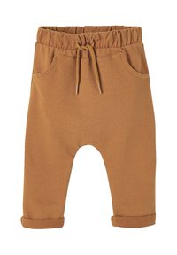 Braune Baumwollhosen mit elastischem Bund, Kordelzug, zwei Seitentaschen und umgeschlagenen Säumen. Weiche Textur, lässiges Design.