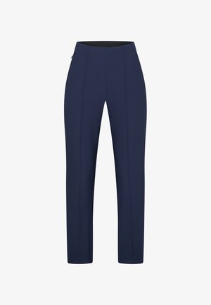 Marineblå bukser med skræddersyet design, der har en glat tekstur, slank pasform og syede forstærkninger foran. Lynlås og lomme detaljer.