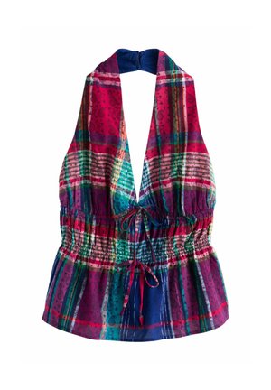 Farverig haltertop med ternede og blomstrede mønstre, elastisk talje med rynkning og bindebånd foran og ved halsen.