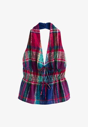 Farverig haltertop med ternede og blomstrede mønstre, elastisk talje med rynkning og bindebånd foran og ved halsen.