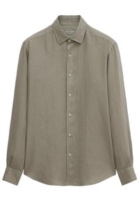 Langærmet skjorte i olivengrøn, lavet af letvægtsstof, med spidst krave, knaplukning foran og knapmanchetter. Glat tekstur med minimale rynker.