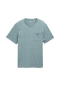 Camiseta de manga corta y cuello redondo en tejido azul claro jaspeado. Cuenta con un bolsillo en el pecho y un corte estándar con una textura suave.
