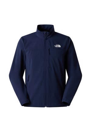 Granatowa kurtka softshell z wysokim kołnierzem, pełnym zamkiem błyskawicznym i dwoma bocznymi kieszeniami. Na lewej piersi znajduje się biały logo. Gładki, wodoodporny materiał.