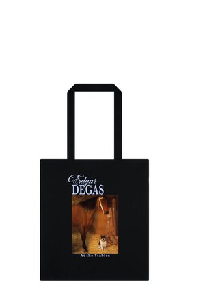 Czarna torba typu tote z reprodukcją obrazu Edgara Degasa "W stajni" przedstawiającą brązowego konia i małego psa w stajennym otoczeniu.
